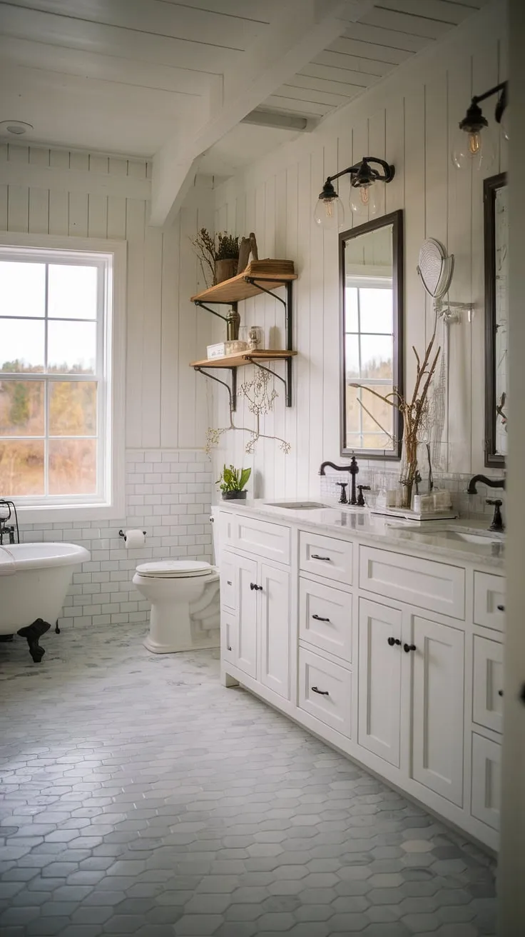 Sunlight streams through the large window, illuminating the crisp white cabinets and black faucets of this luxurious farmhouse bathroom. The rustic wooden shelf and patterned tile floor add warmth, creating a serene escape where modern design meets country charm. A perfect blend of style and tranquility.