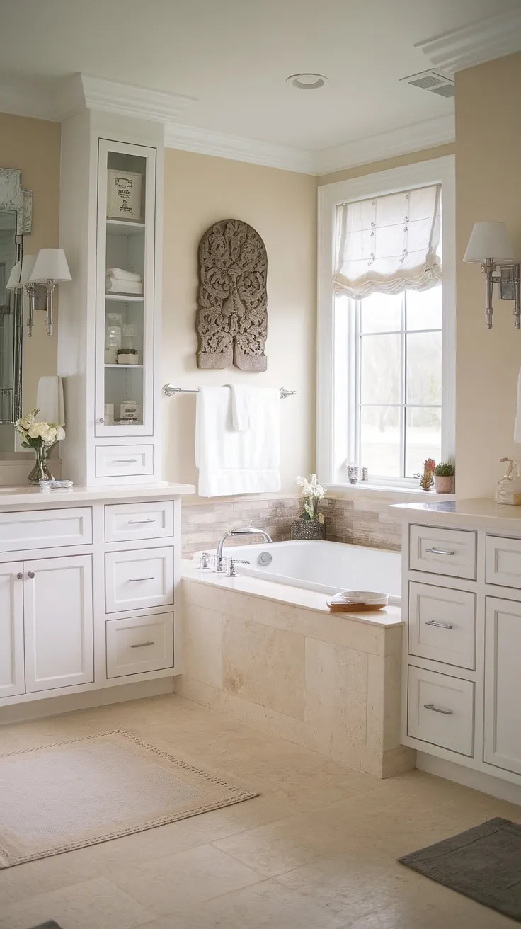 Indulge in the serenity of this modern farmhouse bathroom; a sanctuary of calm where clean lines meet rustic charm. The spacious bathtub, bathed in natural light from the window, invites you to unwind and escape. A perfect blend of comfort and style.