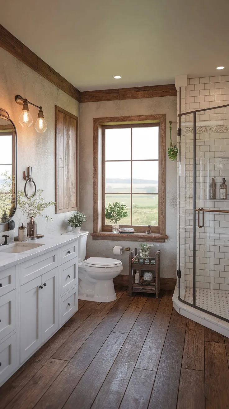 Escape to tranquility in this exquisitely designed farmhouse bathroom. The expansive window offers breathtaking countryside views, while the warm lighting and rustic-chic details create a haven of peace and relaxation. A perfect blend of modern amenities and charming farmhouse aesthetics.
