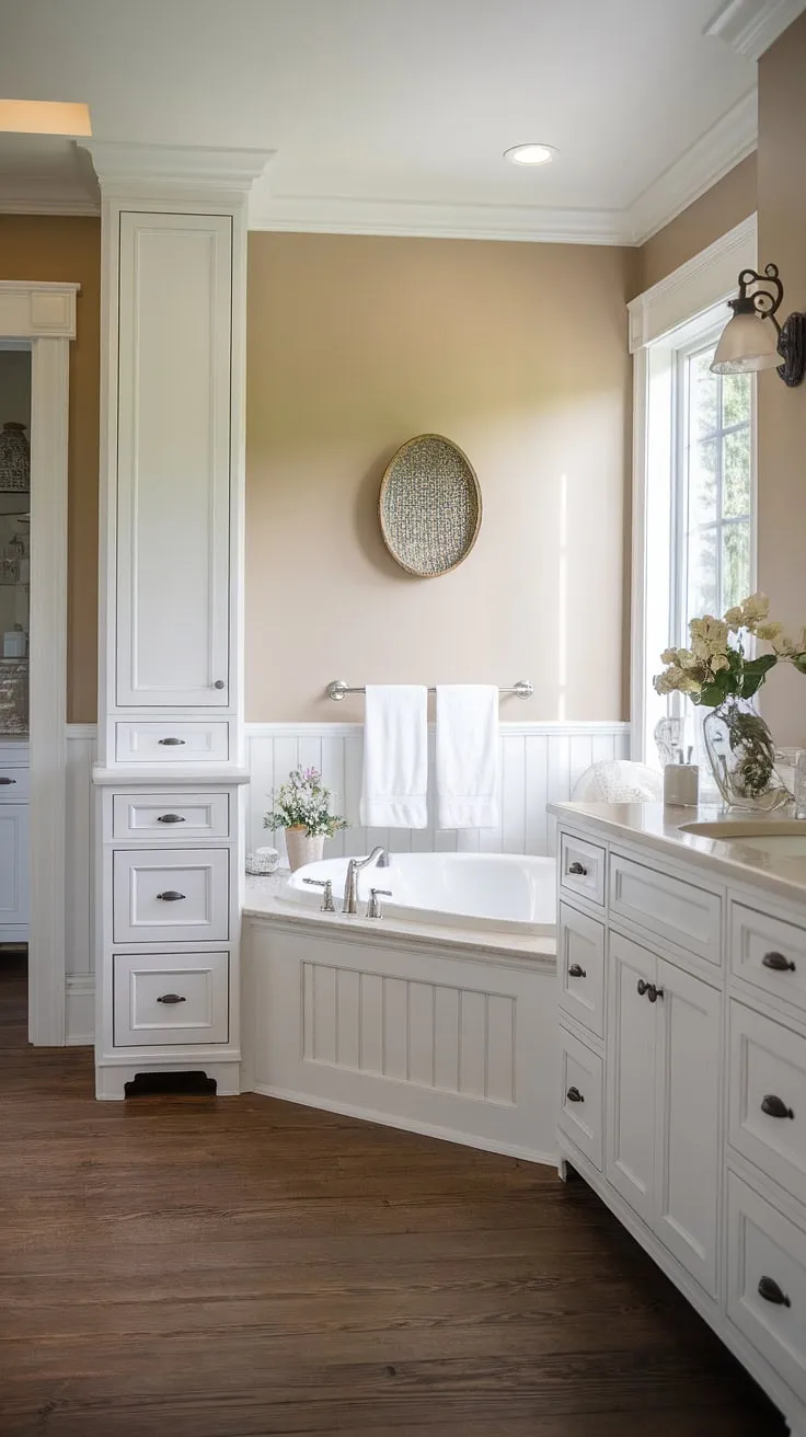 A haven of serenity awaits. This farmhouse bathroom seamlessly blends modern elegance with cottage charm. The spacious tub, crisp white fixtures, and warm beige tones create a space where you can unwind and rejuvenate. A truly luxurious retreat.