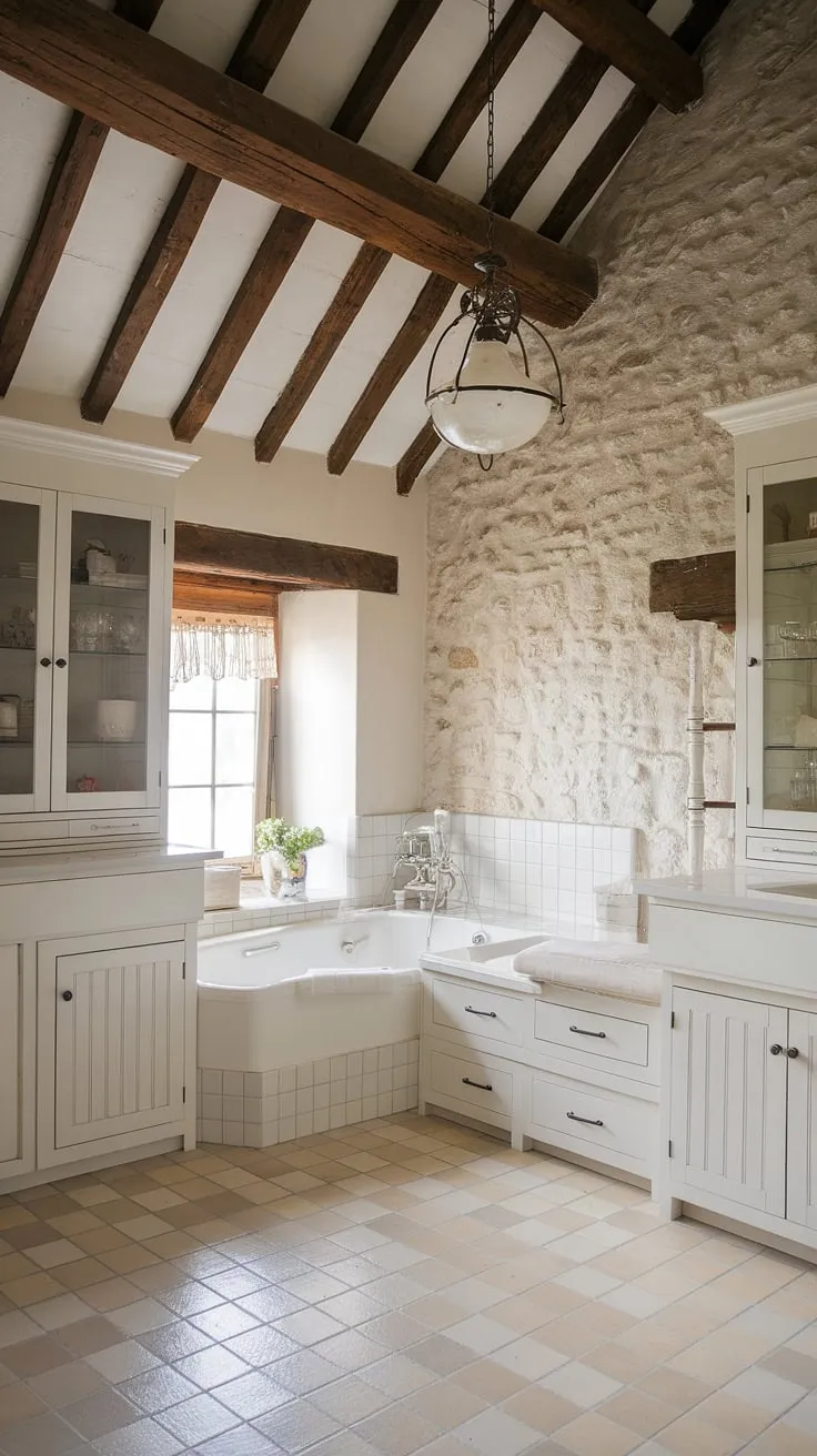 Escape to this idyllic farmhouse retreat. The combination of natural stone, warm wood beams, and a classic white vanity creates a bathroom sanctuary. The large soaking tub, under the soft glow of a vintage light fixture, promises hours of blissful relaxation. A true haven for the soul.