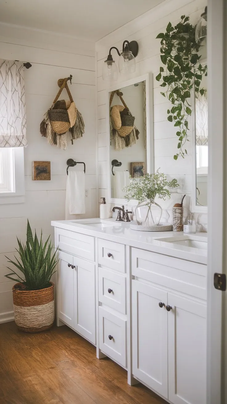 Escape to this charming farmhouse guest bathroom, where modern cottage design meets rustic tranquility. The white cabinets and wood floors create a serene atmosphere, perfectly complemented by the carefully curated décor and a touch of greenery. A peaceful retreat awaits.