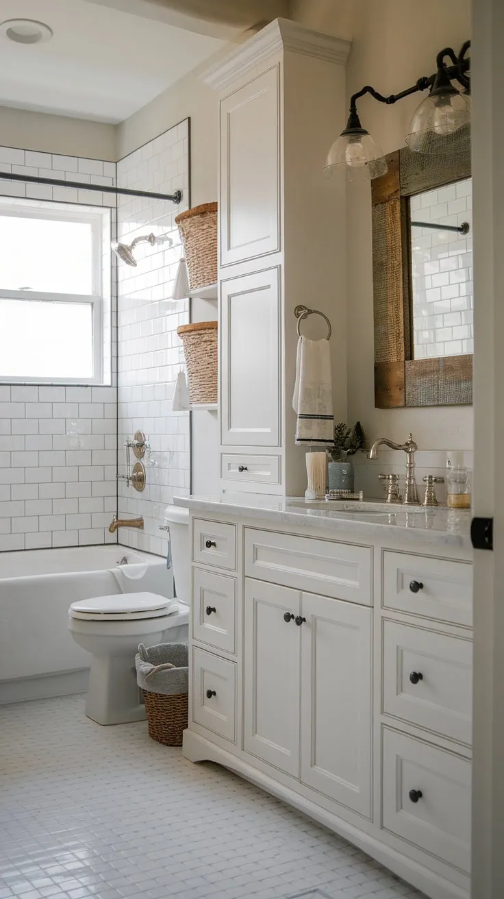 Escape to this charming farmhouse guest bathroom, where modern cottage design meets luxurious comfort. The white cabinets and high-end faucet create a sophisticated space, while rustic details like the mirror and basket add a touch of country charm. A perfect blend of elegance and rustic appeal.