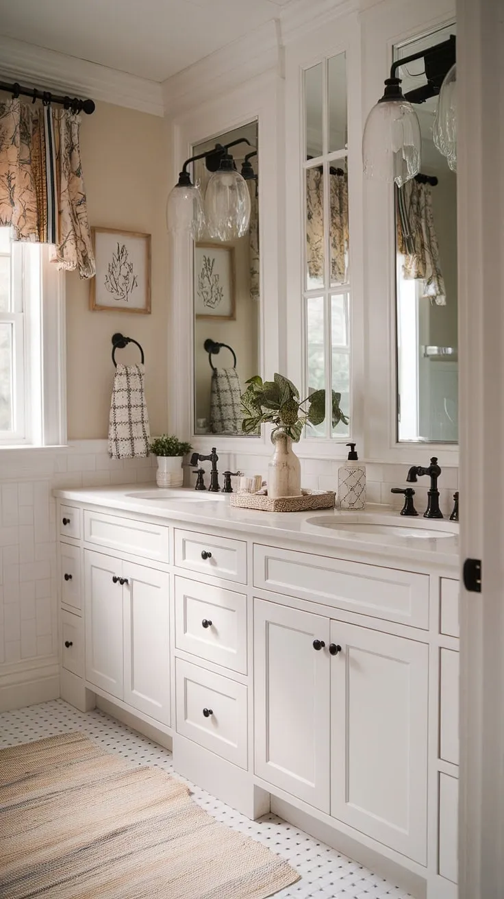 Escape to tranquility in this cozy farmhouse guest bathroom. A large vanity anchors the space, adding a touch of unexpected grandeur to the charming country bathroom design. The white cabinets and carefully chosen farmhouse decor create a sophisticated yet inviting atmosphere.