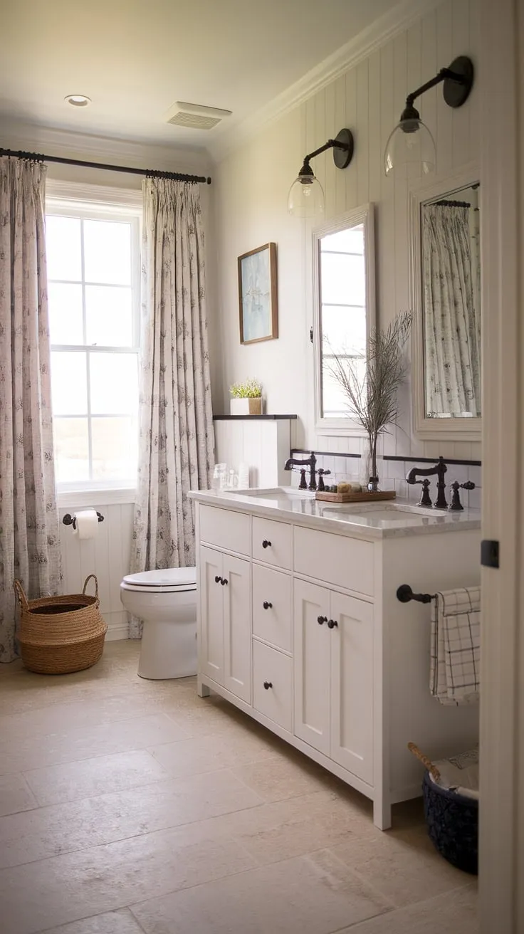 Escape to tranquility in this charming guest bathroom. The modern cottage design, complete with white cabinets and a spacious double vanity, offers a touch of elegance and functionality, perfectly blending farmhouse charm with contemporary comfort. A large window bathes the space in natural light, creating a serene atmosphere.