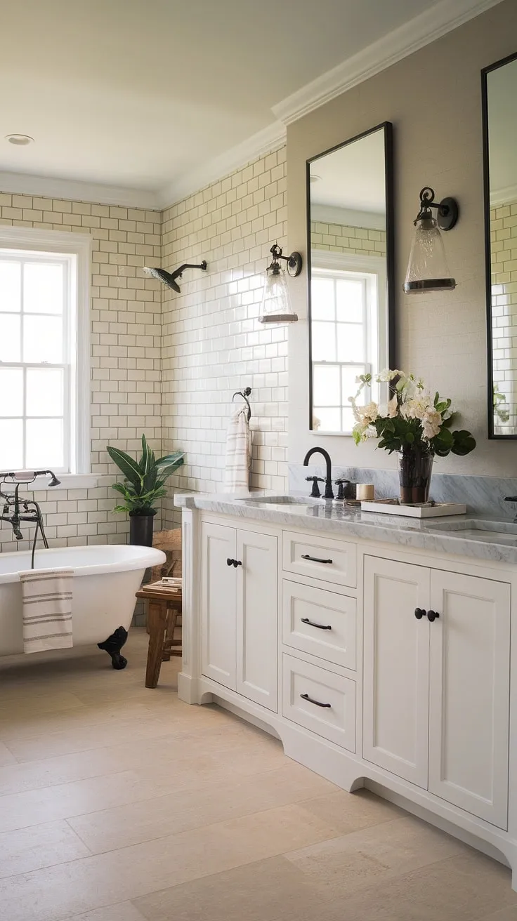 This farmhouse bathroom effortlessly blends rustic charm with modern elegance. The large window floods the space with natural light, highlighting the crisp white cabinetry and marble countertops. A freestanding tub and separate shower offer both relaxation and practicality, while the subtle beige tile and black accents create a sophisticated, yet inviting atmosphere. The addition of a potted plant and wooden ladder adds a touch of unexpected country charm.