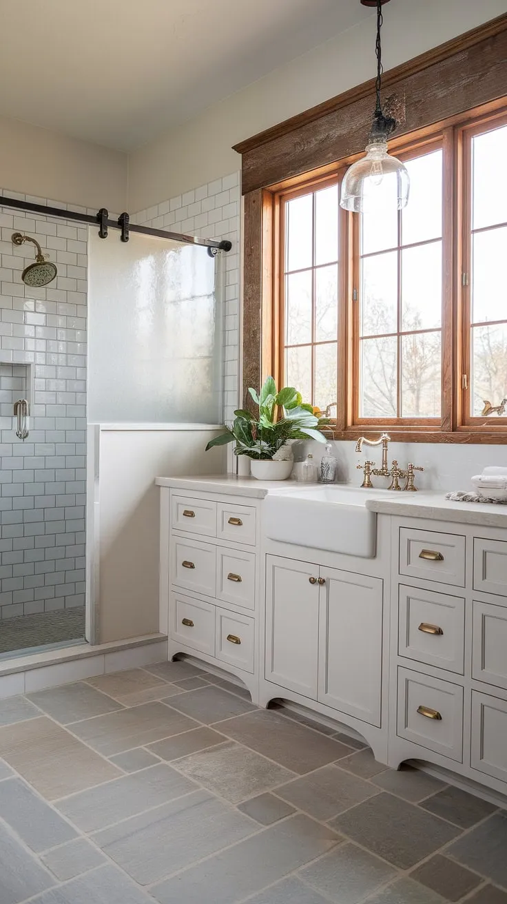 Sunlight streams through the rustic window frame, illuminating the serene beauty of this modern farmhouse bathroom. White cabinetry with brass accents, a farmhouse sink, and a frosted glass shower create a space that's both elegant and inviting. The large, light gray stone tiles underfoot add a touch of understated luxury, while a potted plant and carefully chosen decorative items complete the picture. A perfect blend of rustic charm and contemporary style.