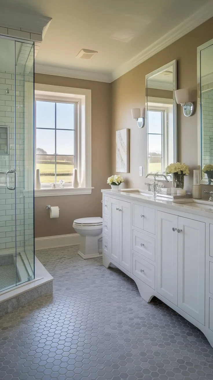 Imagine waking up to this view. The serene atmosphere of this bathroom, with its stylish double vanity and spacious shower, is the perfect blend of modern cottage design and luxurious farmhouse living. A true sanctuary.