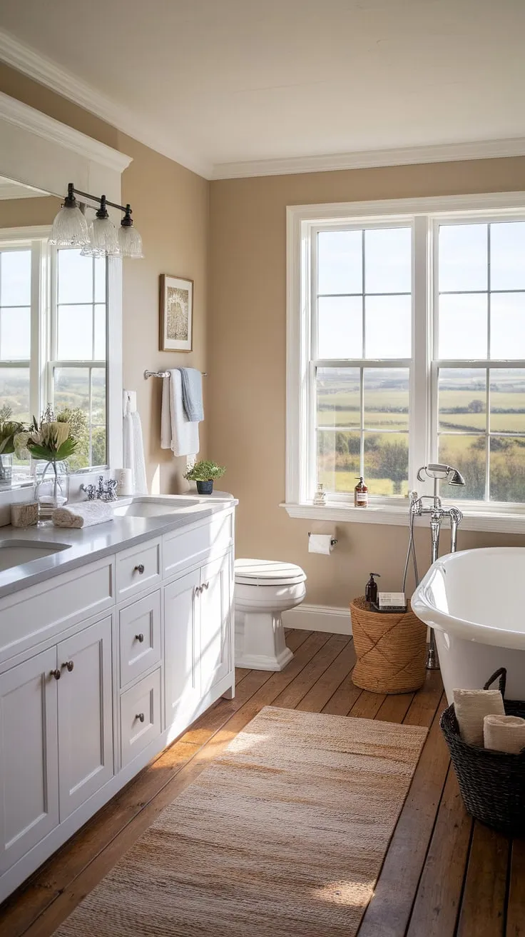Sunlight streams through the expansive window, illuminating the serene beauty of this modern farmhouse bathroom. The calming beige walls and rustic wood floors create a tranquil atmosphere, perfectly complemented by the sleek double vanity and inviting bathtub. A perfect blend of rustic charm and contemporary elegance.