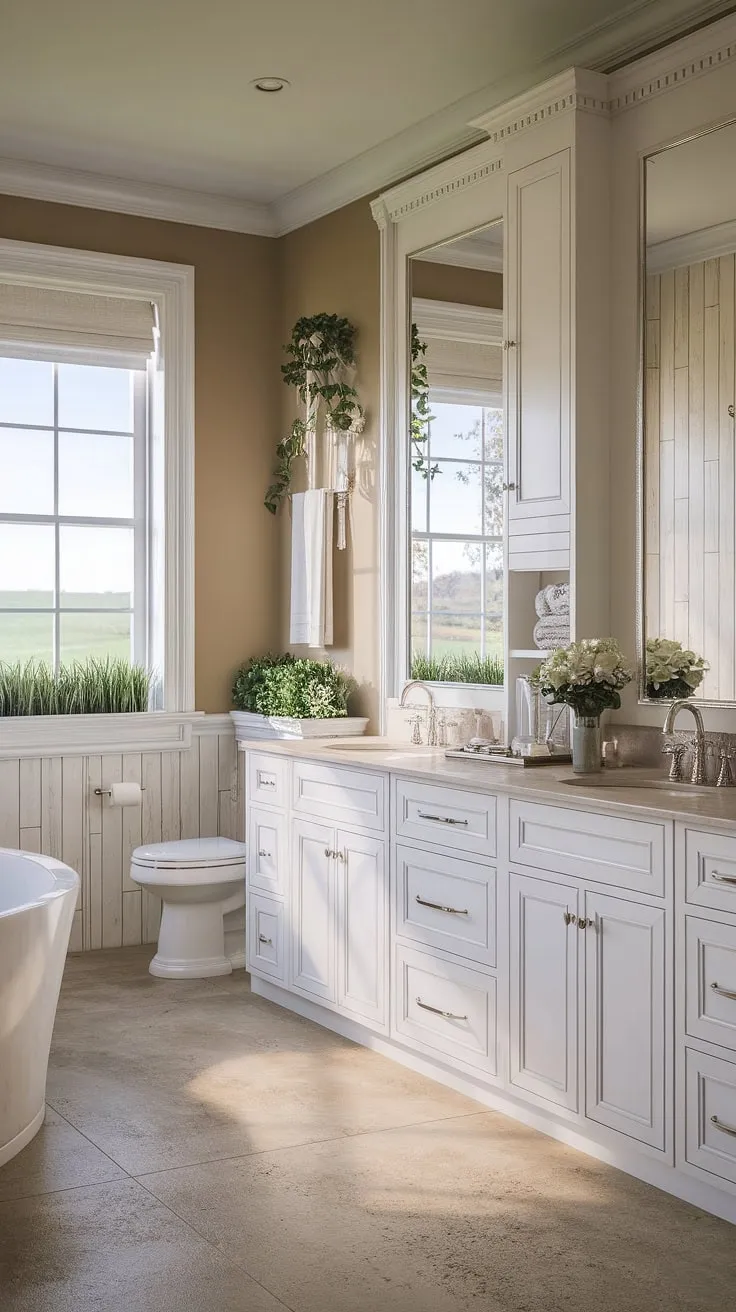 Wake up to breathtaking views and the serenity of your own private sanctuary. This farmhouse bathroom, with its crisp white cabinetry and expansive window, offers a tranquil escape where you can truly unwind and rejuvenate. The natural light floods the space, highlighting the elegant details and creating a peaceful atmosphere. A perfect blend of rustic charm and modern comfort.
