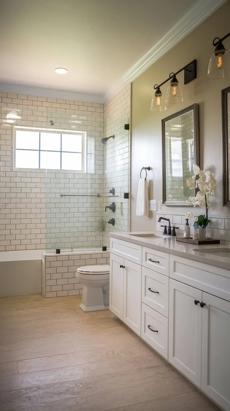 This farmhouse master bath is the epitome of understated elegance. The clean lines of the white cabinets and the warm tones of the subway tile create a sophisticated yet inviting atmosphere. Relax and rejuvenate in this tranquil retreat, a testament to refined country living.