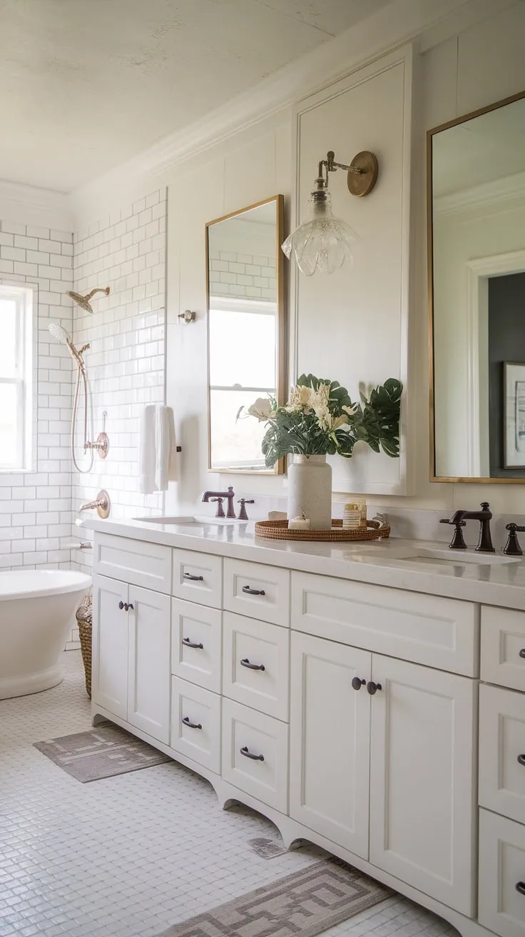 Escape to tranquility in this charming farmhouse guest bathroom. The crisp white cabinets and spacious layout, complete with a freestanding tub and separate shower, create a serene retreat. A perfect blend of modern cottage style and rustic charm, this bathroom offers the ultimate in comfort and elegance. A truly delightful space.