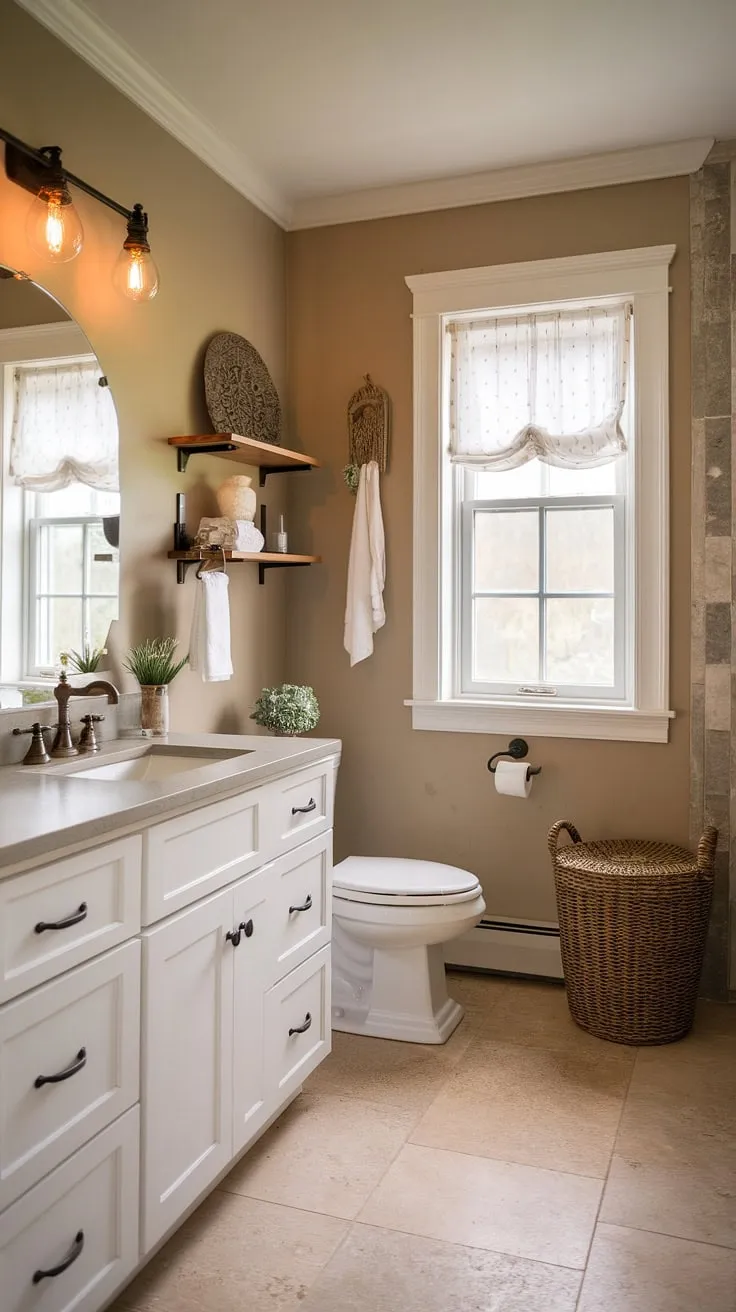 Step into a haven of calm in this beautifully appointed guest bathroom. A blend of rustic charm and modern convenience, the space boasts white cabinets, a spacious shower, and a delightful window offering natural light. A perfect example of how to seamlessly combine country style with contemporary elegance.