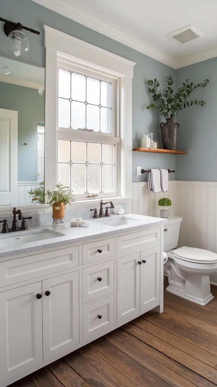 This charming cottage bathroom proves that small spaces can feel incredibly spacious. The light blue walls, white cabinetry, and vintage window create a bright and airy atmosphere, while the farmhouse details add warmth and character. A perfect blend of modern convenience and rustic charm.
