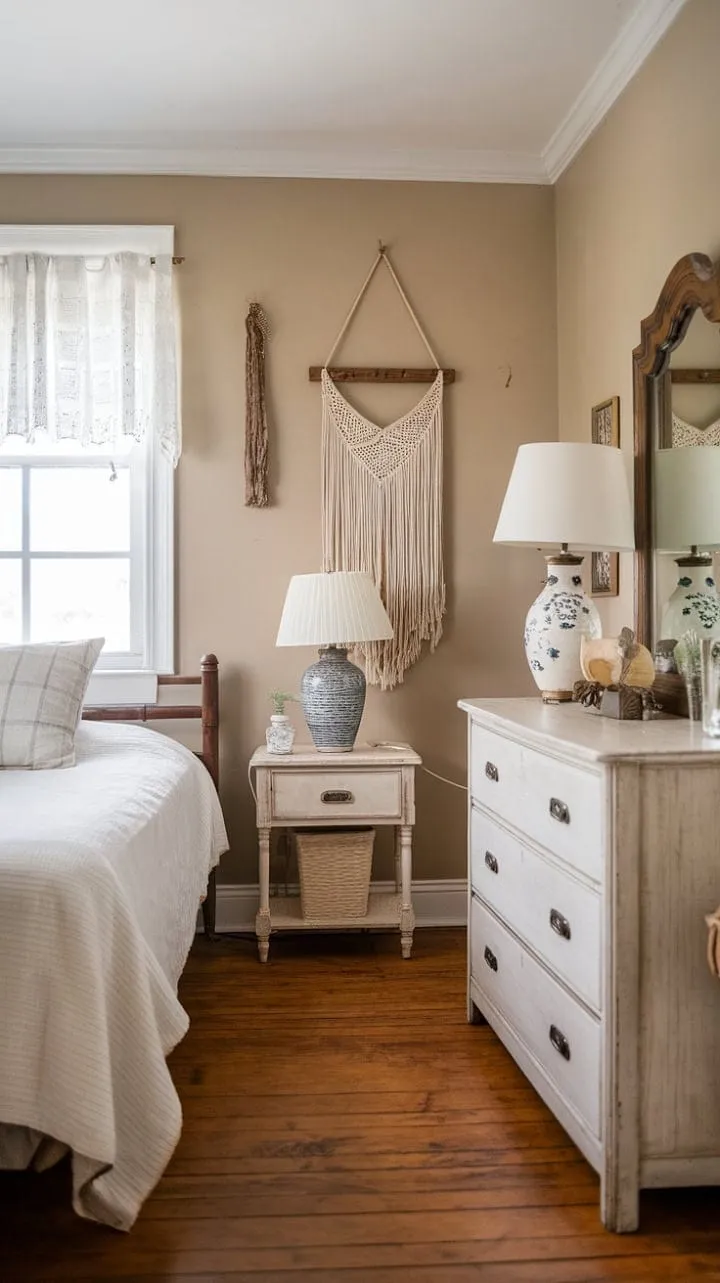 Experience serene slumber in a delightful vintage farmhouse guest room, where rustic charm and modern comfort blend seamlessly under the soft glow of a bedside lamp.
