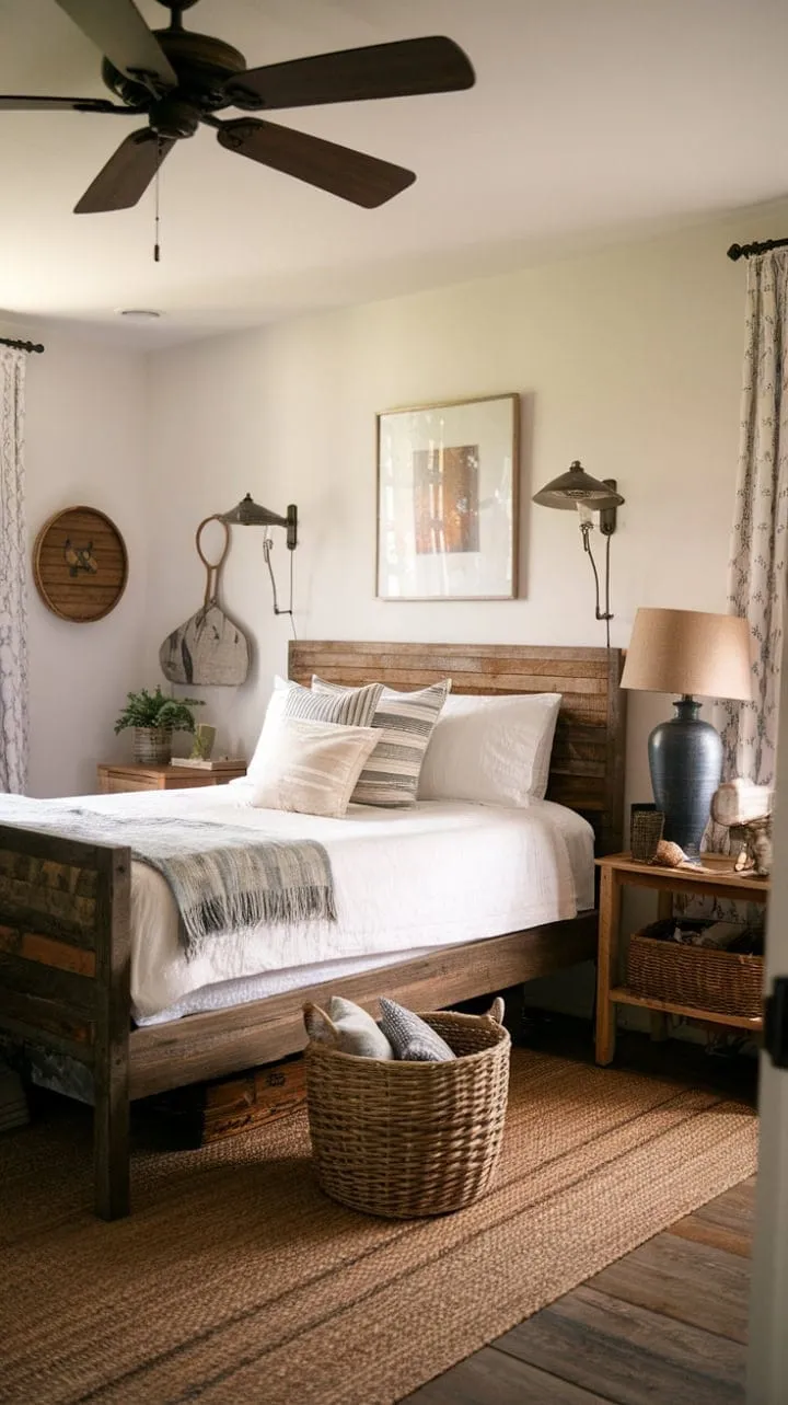 Experience serene slumber in a charming farmhouse guest room, where rustic elegance and cozy comfort intertwine amidst vintage details.