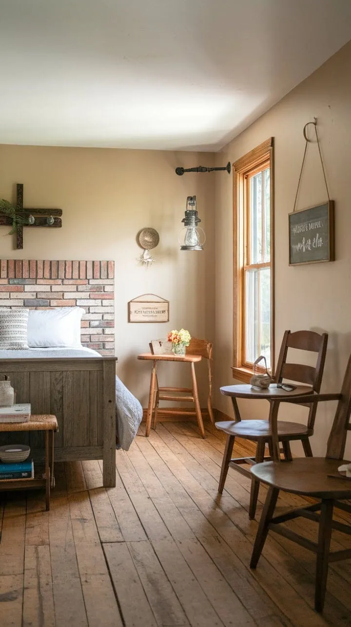 Experience the enchanting tranquility of this vintage farmhouse guest room, where rustic charm and cozy comfort create the perfect retreat for a restful night's sleep.