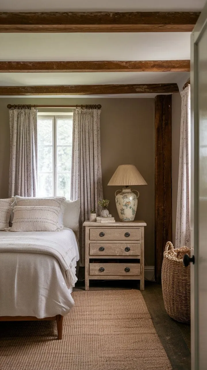 This vintage farmhouse bedroom, adorned with exposed beams and charming antiques, offers a serene retreat that beautifully blends rustic elegance with cozy comfort.