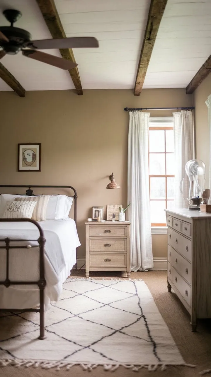 Experience serene comfort in a charming farmhouse guest room, where rustic beams and vintage decor invite restful nights under the gentle sway of a ceiling fan.