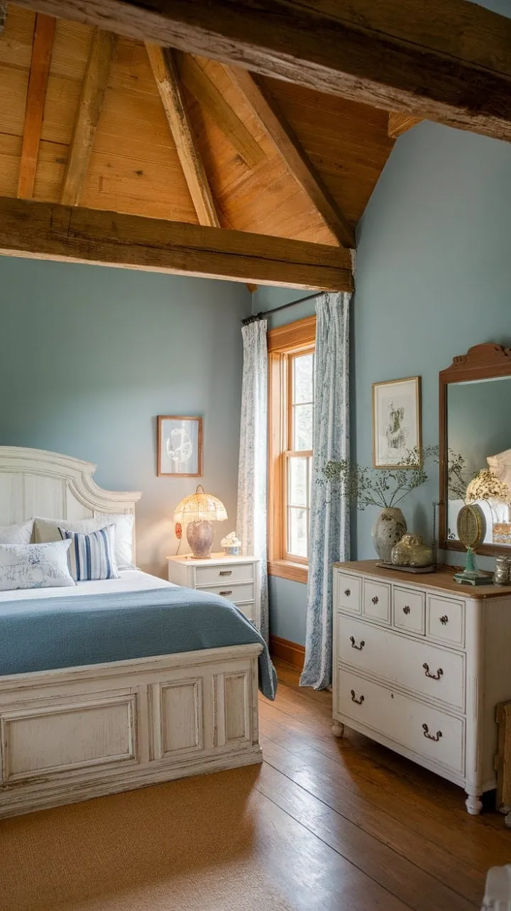 Experience a serene escape in this dreamy farmhouse guest room, where rustic charm and modern comfort blend seamlessly with exposed beams, light blue walls, and vintage accents.