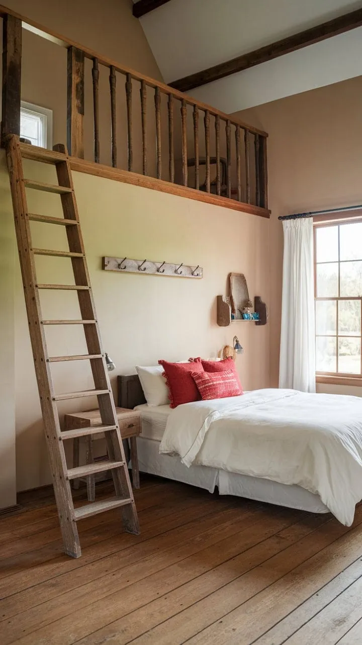 Escape to a serene country bedroom where rustic charm meets modern comfort, inviting you to drift away in tranquility.