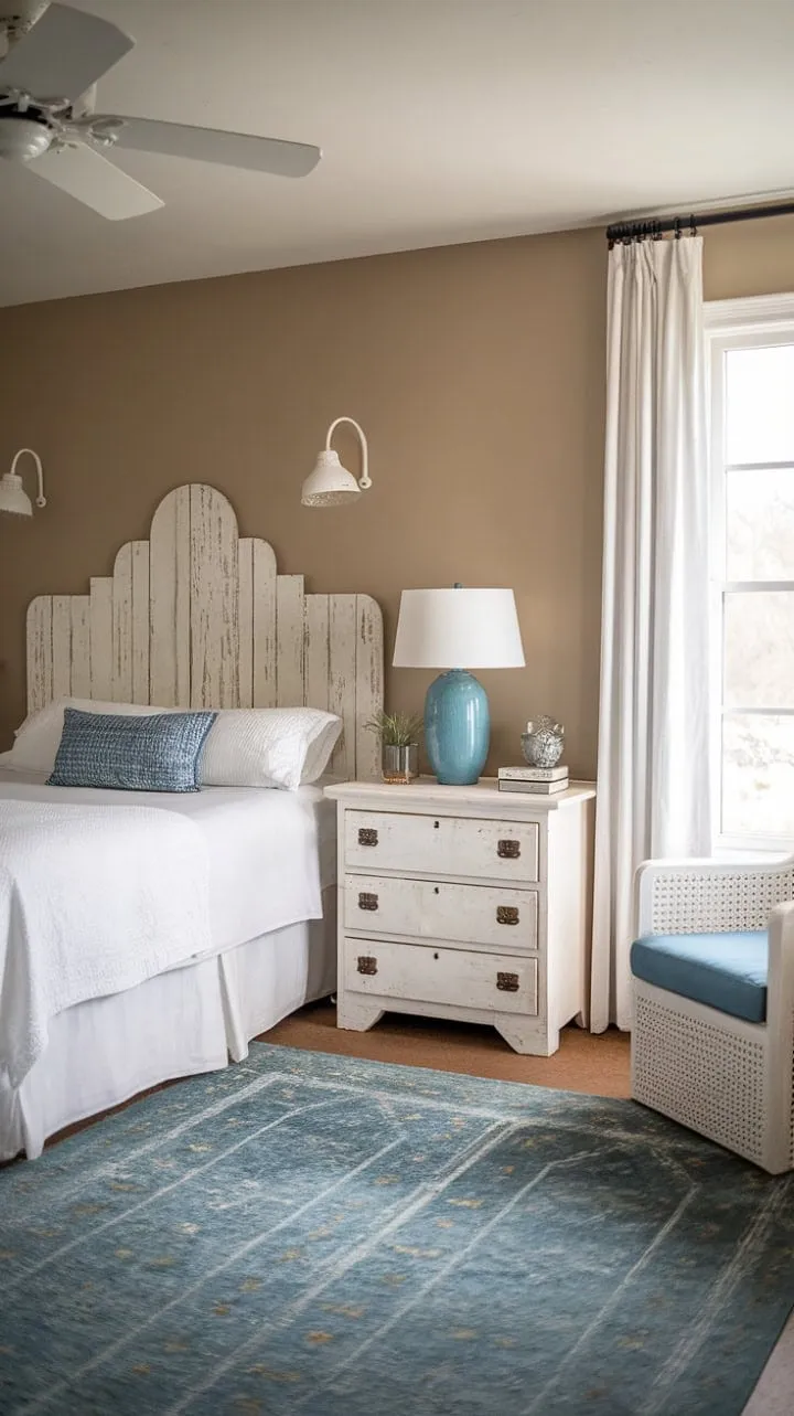 Experience tranquility in this stylish guest bedroom, where soothing blue tones and whitewashed furniture combine for an unforgettable retreat.