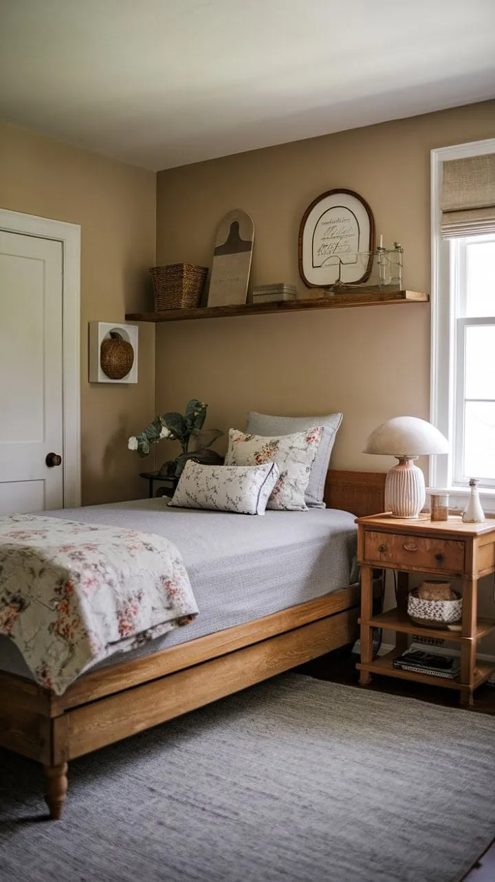 Awash in soft light and serene hues, this guest bedroom harmoniously blends rustic charm with modern comfort for a tranquil retreat.