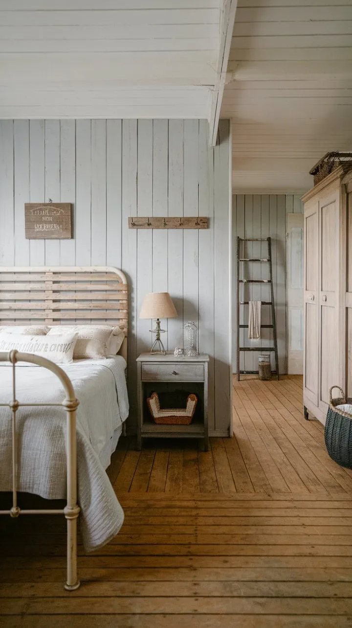 Awaken in a serene guest room where rustic charm and vintage elegance transport you to a bygone era of simple living.