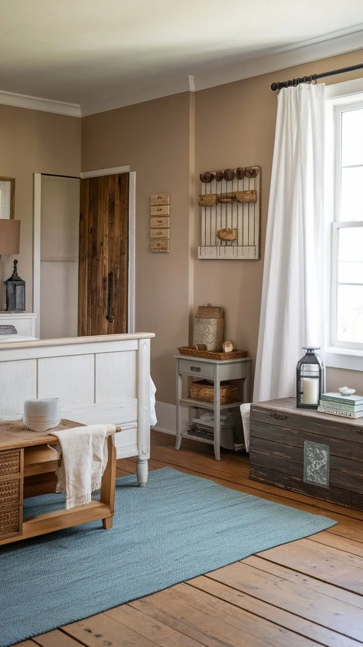 Experience serene tranquility in a vintage farmhouse guest room where rustic charm and modern comfort harmoniously blend.