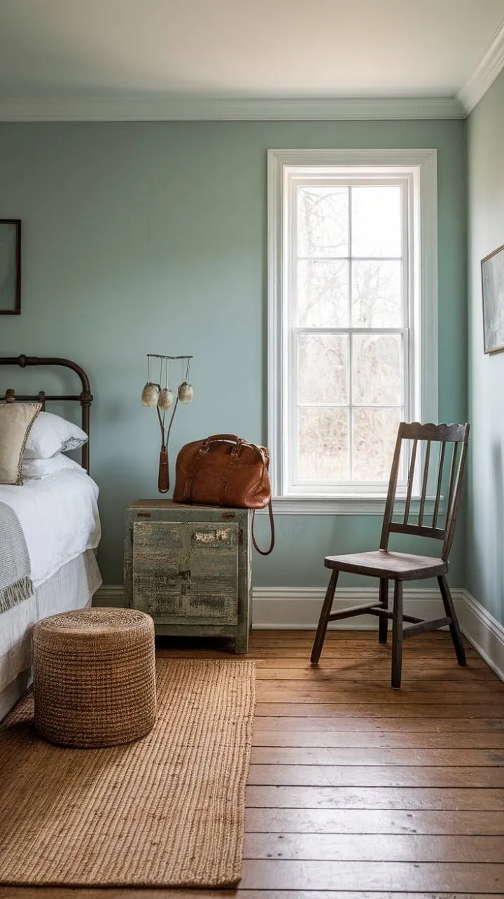 Escape to a tranquil farmhouse guest room where vintage charm and modern comfort blend seamlessly, enveloped in soft blue hues and rustic touches.