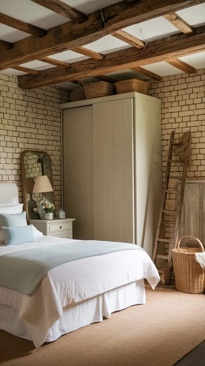 Experience the perfect escape where rustic charm meets modern comfort in a cozy guest room adorned with exposed beams and vintage details.