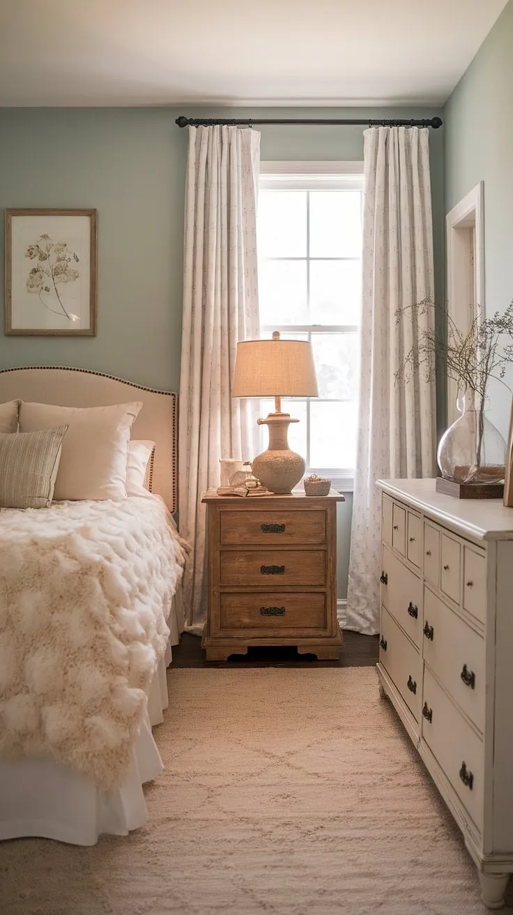 Step into tranquility in this farmhouse guest bedroom. The calming blue hues, comfortable queen-size bed, and thoughtful vintage accents promise a rejuvenating night's sleep. A perfect blend of rustic charm and modern comfort.