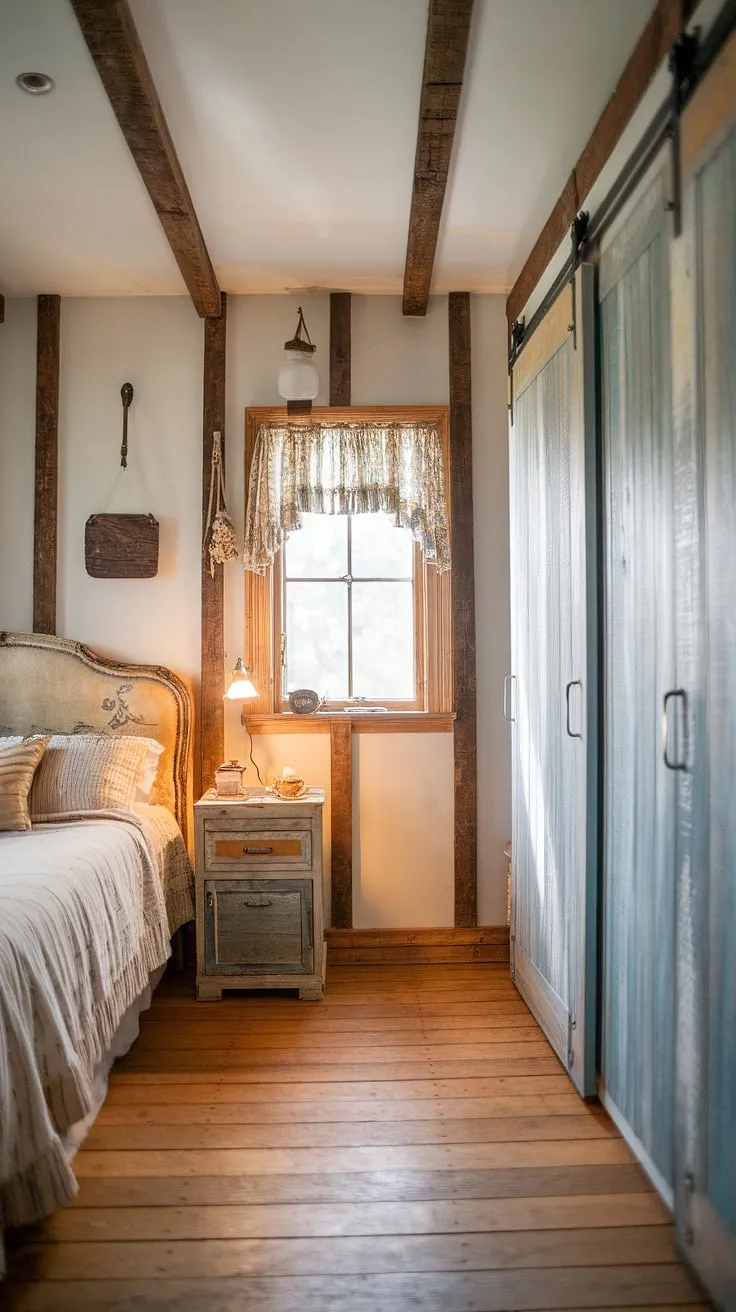 Step into a haven of rustic charm. This vintage-inspired guest bedroom, with its exposed wooden beams and antique headboard, offers a peaceful retreat. The carefully curated decor creates a warm and inviting atmosphere, perfect for unwinding after a day exploring the countryside. A truly unforgettable stay awaits.