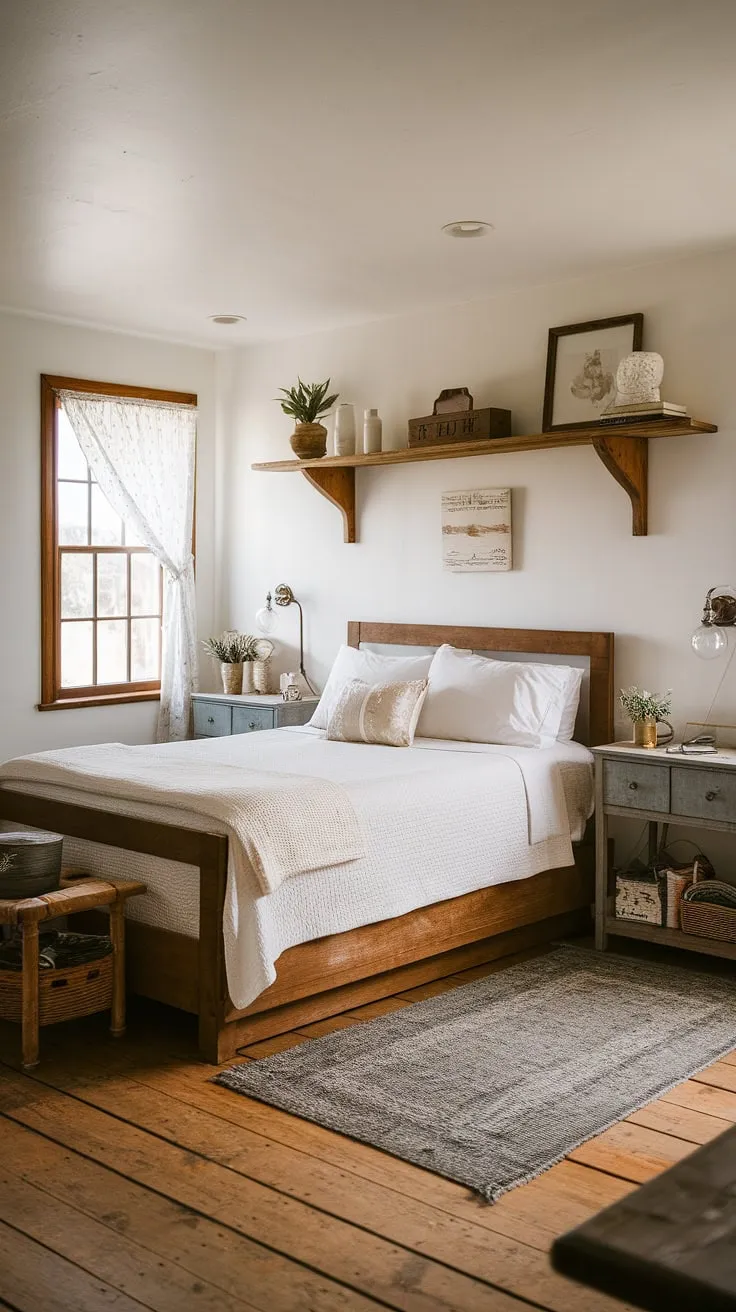 Step into tranquility in this charming vintage farmhouse guest bedroom. The rustic wooden bed, adorned with crisp white linens, promises a restful night's sleep. A curated collection of decorative items on the shelf above adds a touch of country charm, while the soft rug underfoot and gentle window light create a peaceful atmosphere. This is the perfect escape for weary travelers seeking a comfortable and inviting retreat.