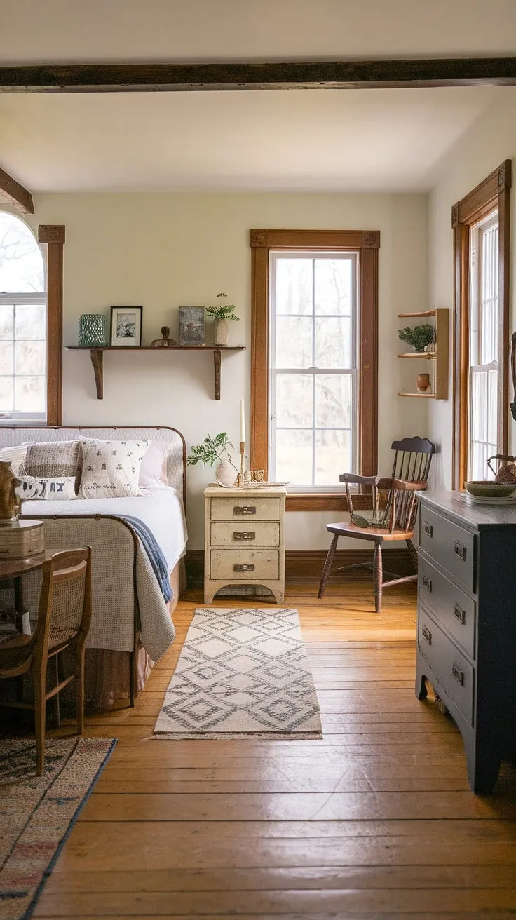 Escape to the countryside in this inviting guest room. The antique dresser and comfortable chair add to the homey atmosphere, while the patterned rug and thoughtfully placed decorative items create a space that's both stylish and relaxing. A truly unforgettable stay awaits.