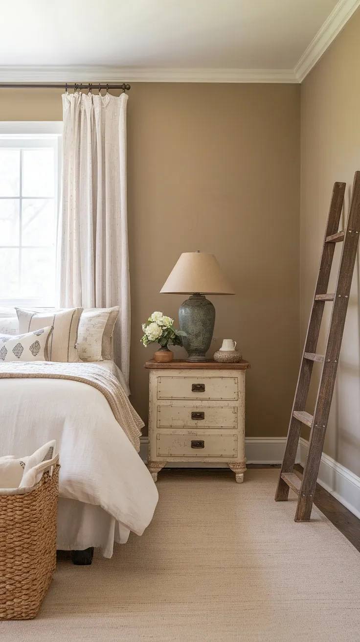 Step into tranquility in this charming vintage farmhouse guest bedroom. The soft beige walls, queen-sized bed, and antique chest of drawers create a peaceful retreat, perfect for a restful night's sleep. A woven basket and white ladder add a touch of rustic charm, while the vintage lamp provides a warm glow. This space is the epitome of comfortable and inviting a country living.