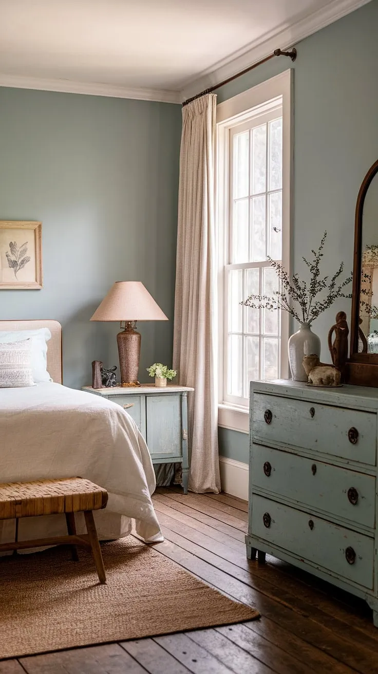 Escape to the countryside in this charming guest room. A king-size bed awaits in a space bathed in soft blue light, complemented by a vintage dresser and a rustic wooden floor. The gentle glow of the vintage lamp and the comforting textures create a haven of peace and quiet.