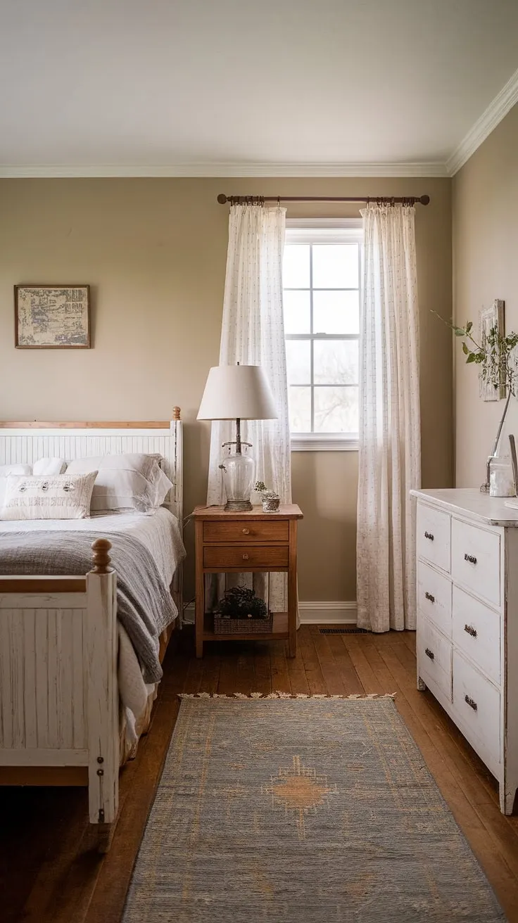 Escape to tranquility in this charming farmhouse guest room. The vintage decor, soft gray blanket, and warm wood floors create a peaceful retreat perfect for unwinding after a day of exploring. A cozy haven awaits.