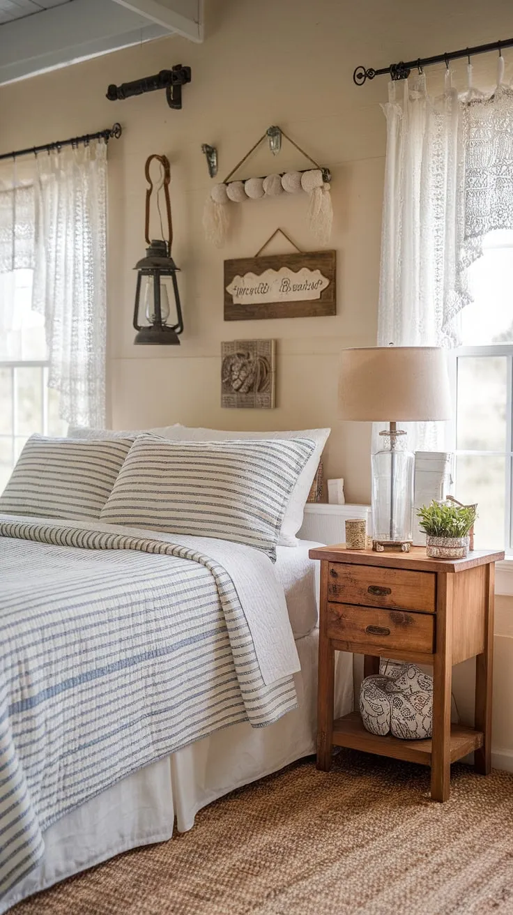 Escape to tranquility in this charming farmhouse guest bedroom. The vintage decor, complete with a cozy blue and white striped quilt and rustic wooden accents, creates a peaceful retreat perfect for unwinding after a day of exploring. A gentle breeze whispers through the lace-trimmed window, adding to the idyllic atmosphere.