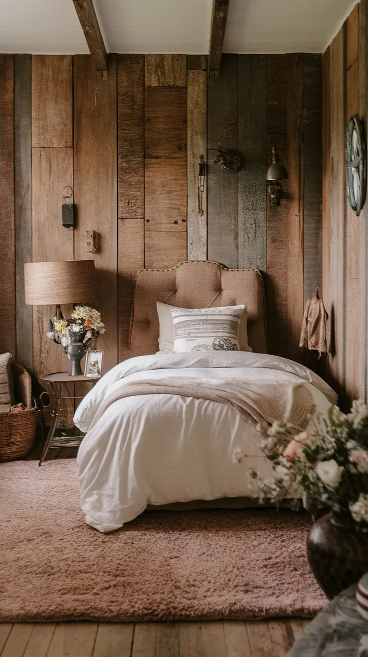Step into tranquility. This charming guest bedroom, nestled within a vintage farmhouse, offers a peaceful retreat with its wood-paneled walls, plush rug, and soft lighting. A perfect blend of rustic charm and modern comfort awaits.