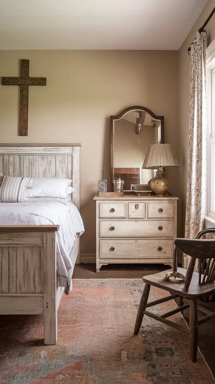 Escape to the countryside in this inviting guest room. The queen-size bed, vintage rug, and rustic wooden chair offer a cozy retreat. A simple elegance permeates the space, making it the ideal sanctuary for a relaxing stay.