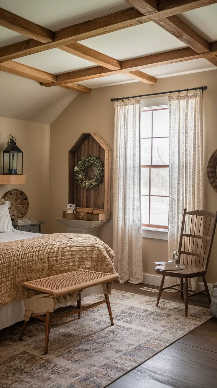 Escape to tranquility in this charming vintage farmhouse guest bedroom. The rustic wooden beams, woven textures, and soft lighting create a peaceful retreat perfect for unwinding after a day of exploring. A cozy haven awaits.