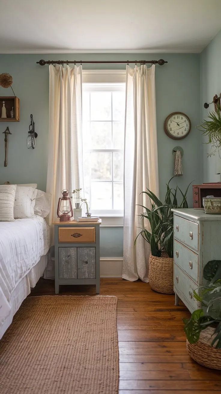 Escape to this idyllic guest room, where rustic charm meets modern comfort. The queen-size bed, vintage dresser, and woven rug invite you to relax and rejuvenate in a space filled with warmth and character. A perfect blend of old-world elegance and peaceful serenity.