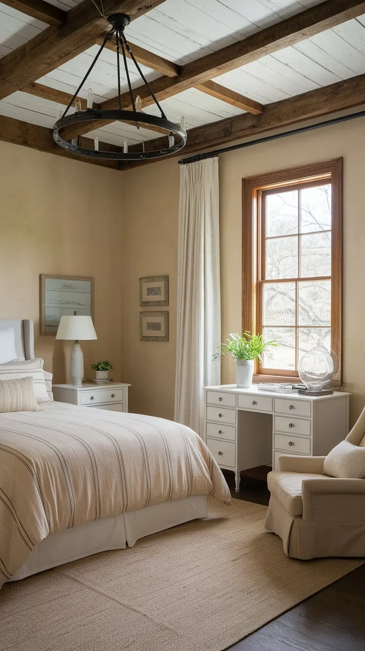 Escape to tranquility in this charming vintage farmhouse guest room. The rustic chandelier casts a warm glow on the cozy bed, while the wood plank ceiling and beige walls create a serene atmosphere. A perfect blend of rustic charm and modern comfort awaits.