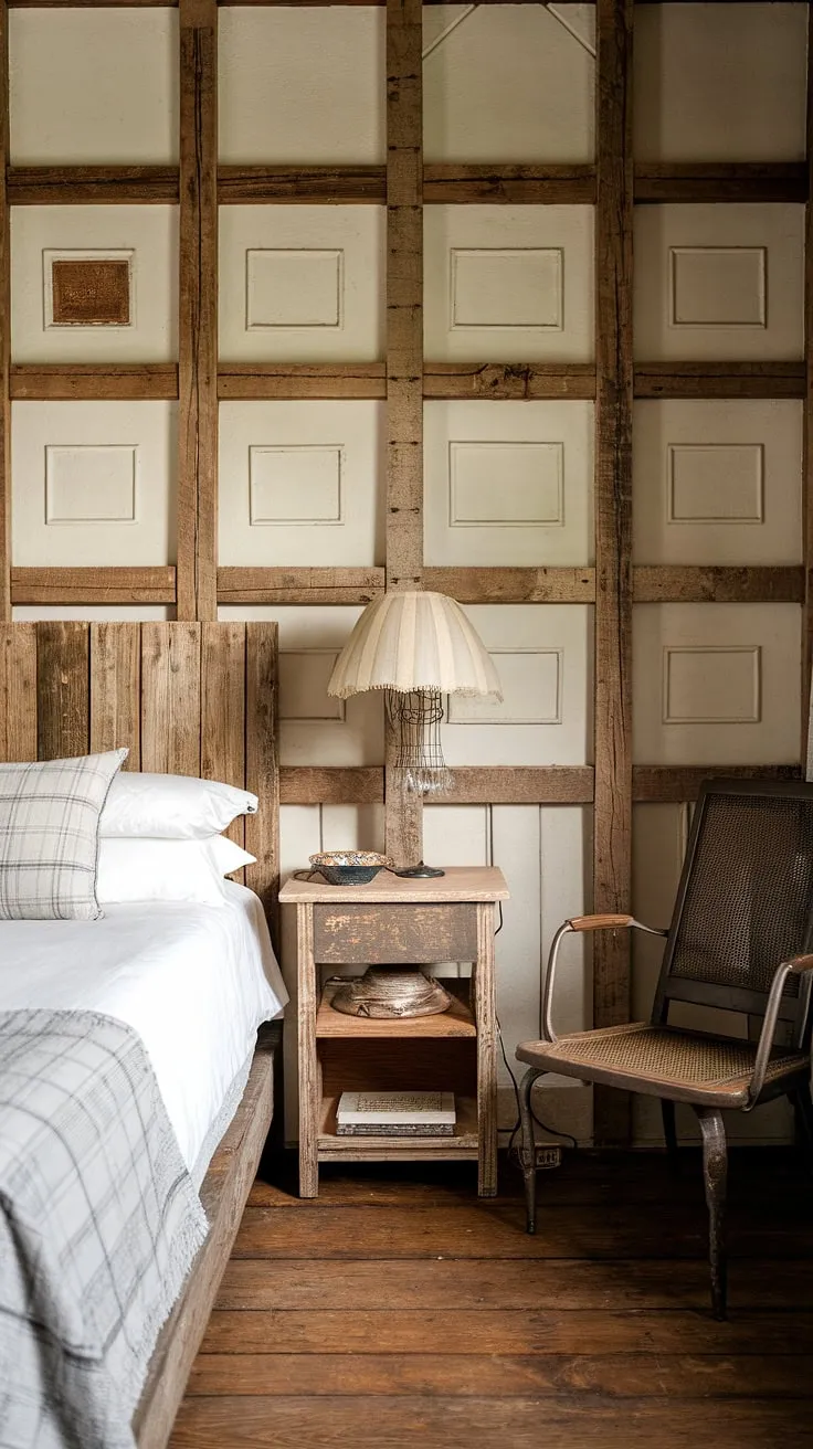 Step into a world of rustic elegance in this farmhouse guest room. The exposed wooden beams and patterned walls create a unique and captivating space. A comfortable queen-sized bed, accented by vintage decor, invites you to relax and rejuvenate. The addition of a rustic chair and a vintage lamp completes the idyllic setting, offering a peaceful retreat for your stay.