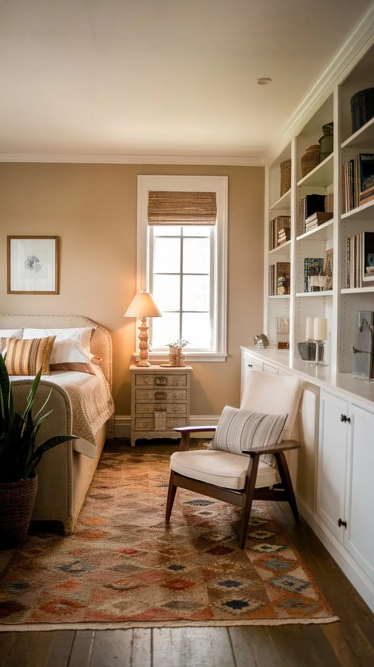 Escape to tranquility in this charming farmhouse guest room. The vintage decor, soft lighting, and cozy ambiance create a perfect retreat for restful nights. A comfortable queen-size bed, a curated bookshelf, and thoughtful details like the potted plant and patterned rug make this space feel truly inviting. A perfect blend of rustic charm and modern comfort awaits.