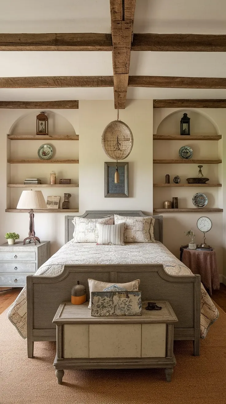 Escape to tranquility in this charming farmhouse guest bedroom. The vintage decor, exposed wooden beams, and cozy textiles create a restful atmosphere perfect for unwinding after a day of adventure. A perfect blend of rustic charm and modern comfort awaits.
