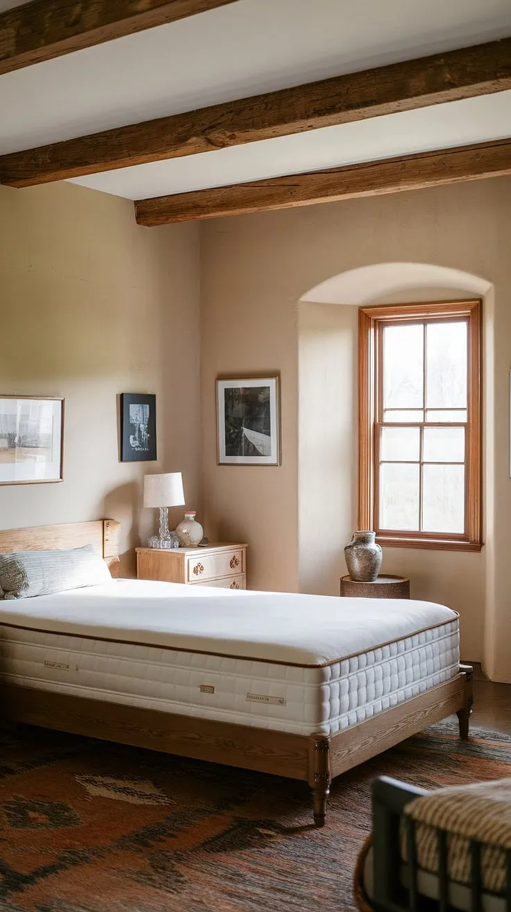 Escape to the countryside in this inviting guest room. The vintage farmhouse charm is undeniable, from the exposed wooden beams overhead to the simple wooden window frame. A comfortable queen-size bed, complete with a nightstand and lamp, ensures a relaxing stay in this peaceful retreat. The beige walls and carefully chosen artwork create a warm and welcoming atmosphere.