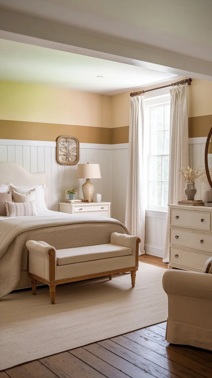 Step into tranquility in this charming guest bedroom. The rustic elegance, with its soft beige and white palette, creates a peaceful haven for a restful stay. A queen-size bed promises sweet dreams, while the vintage armchair invites quiet moments of reflection. A truly inviting space.