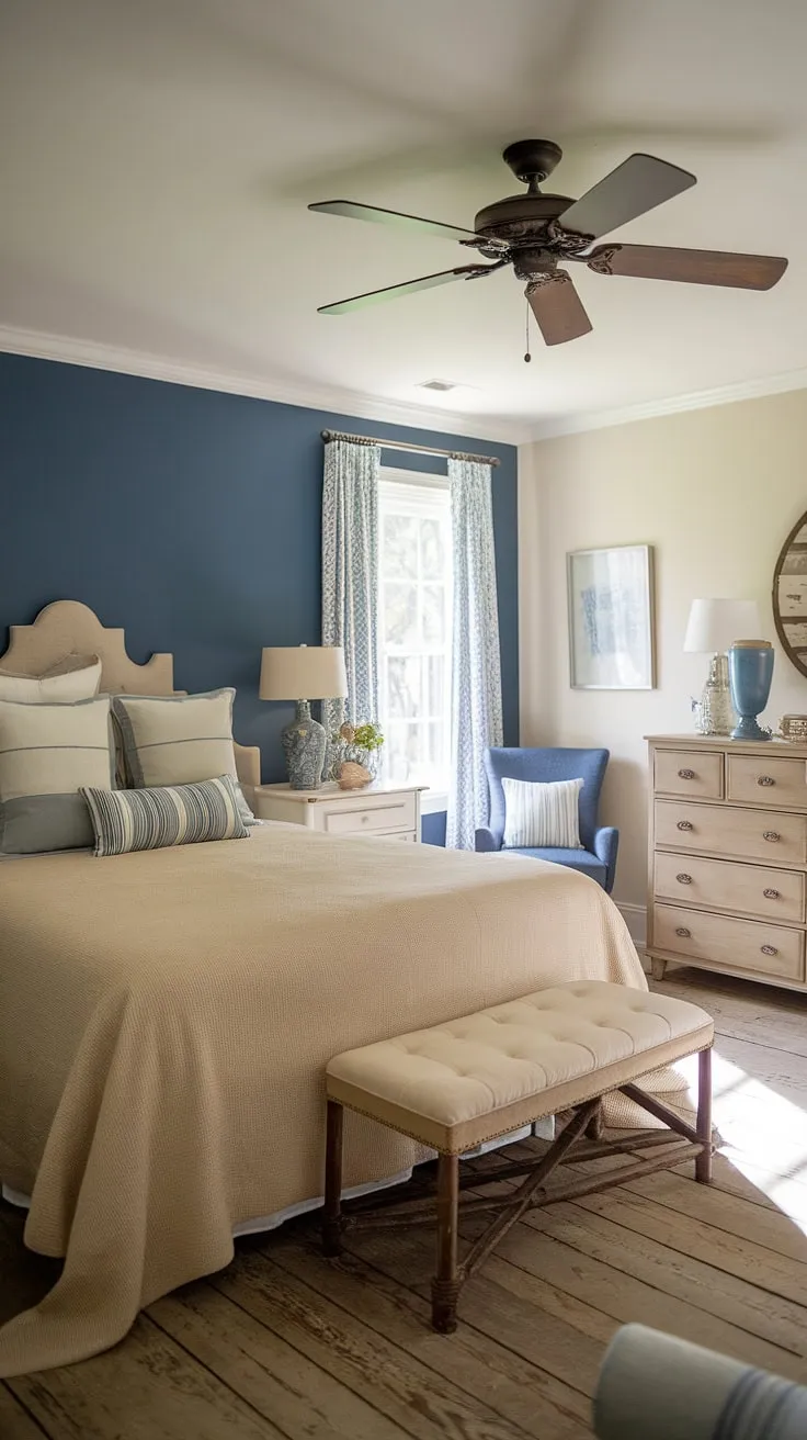 Escape to the countryside in this inviting guest bedroom. The serene blue accent wall and comfortable furnishings, including a queen-sized bed and a welcoming blue chair, offer a tranquil ambiance. A perfect blend of rustic charm and modern comfort.